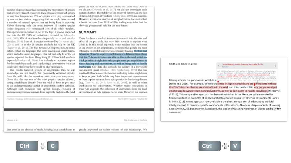 It’s always tempting to copy and paste, but it is likely to lead to plagiarism. Copy (Ctrl + c) and paste (Ctrl + v) have become so easy that it is tempting to pick up portions of appropriate text directly from papers and then slot them into our own work (Figure 26.1). However, this is plagiarism and can easily be found by using software like TurnItIn. Most institutions will require checks for plagiarism on your thesis after submission, with dire consequences if your text fails.